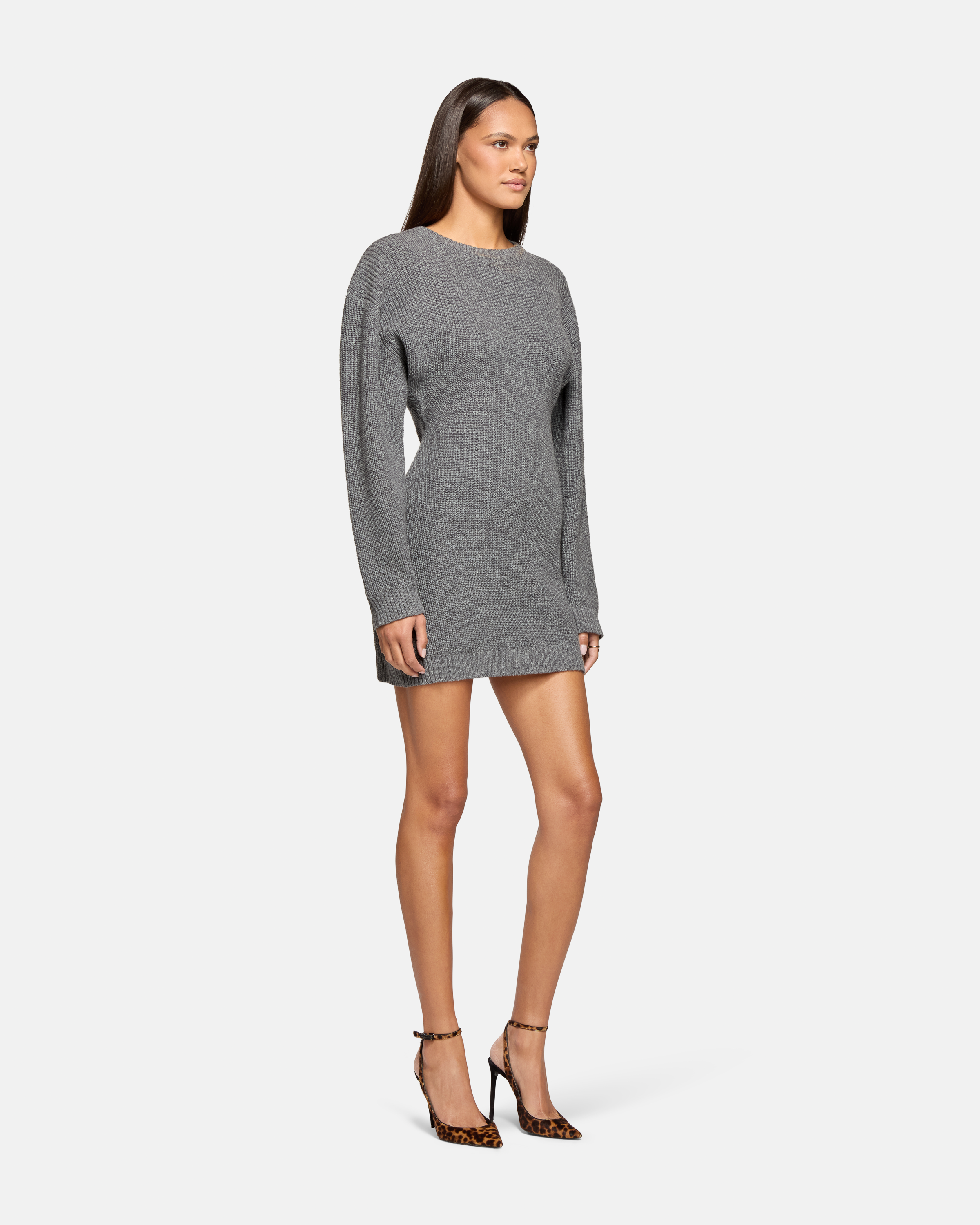 grey knitted mini dress Grey Ribbed Knit Sweater Mini Dress - Women's Dresses