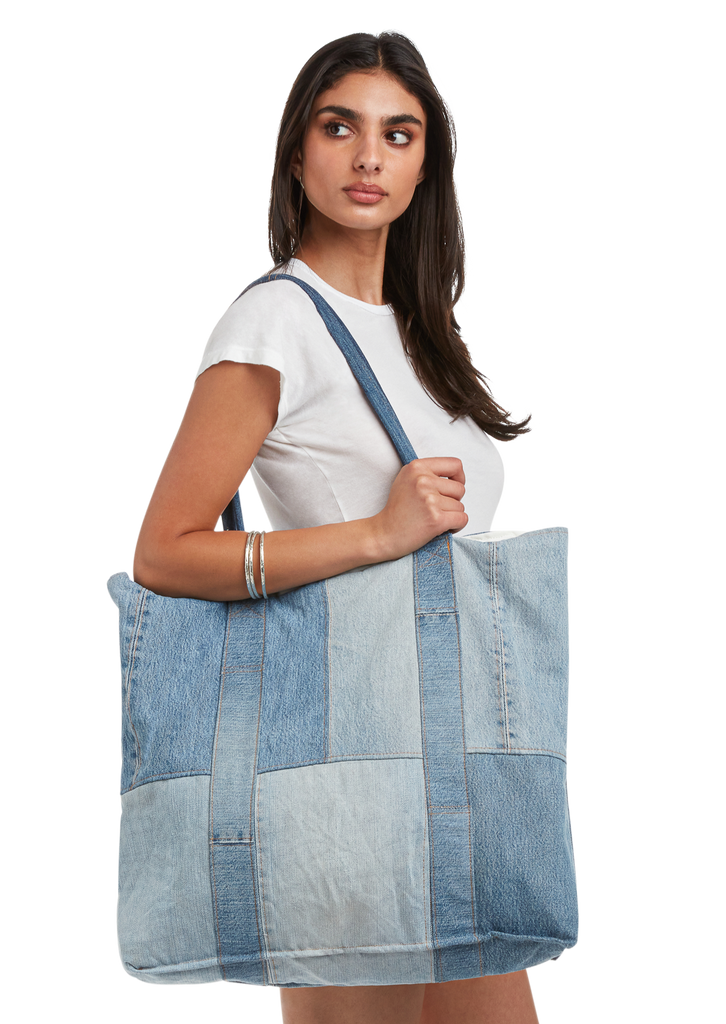 Fashion Denim Women's Tote Bag With Patchwork, Buckle, Contrast Color,  Fringed Edge, Star Print