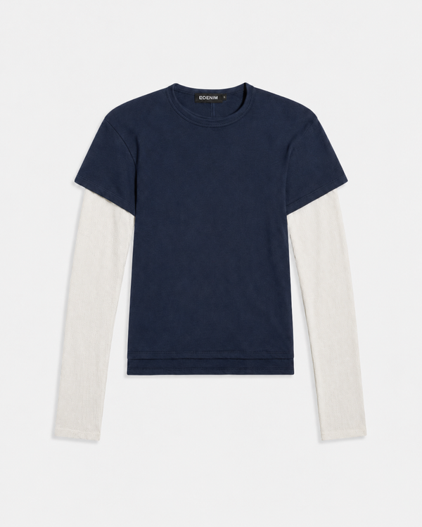 Rory Layered Long Sleeve Navy White Waffle